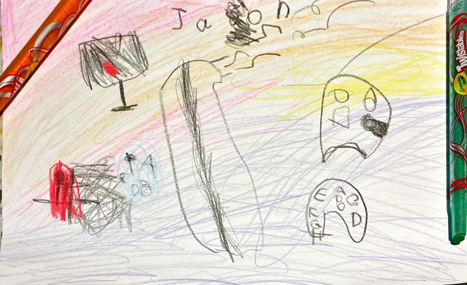 A colorful crayon and pencil drawing by Jason featuring a rainbow of colors, playful characters, and the word JASON at the top
